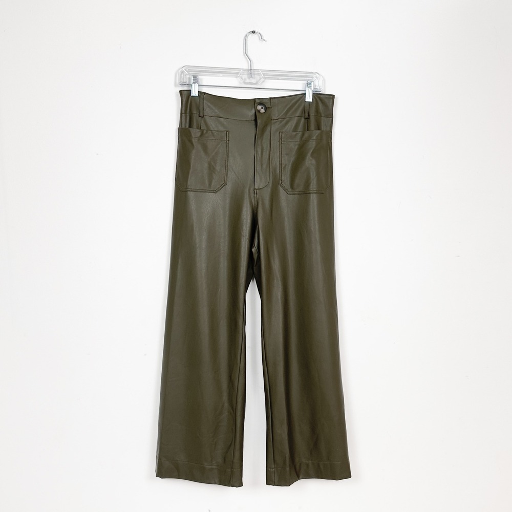 Maeve Olive Green Wide-Leg Faux Leather Pants